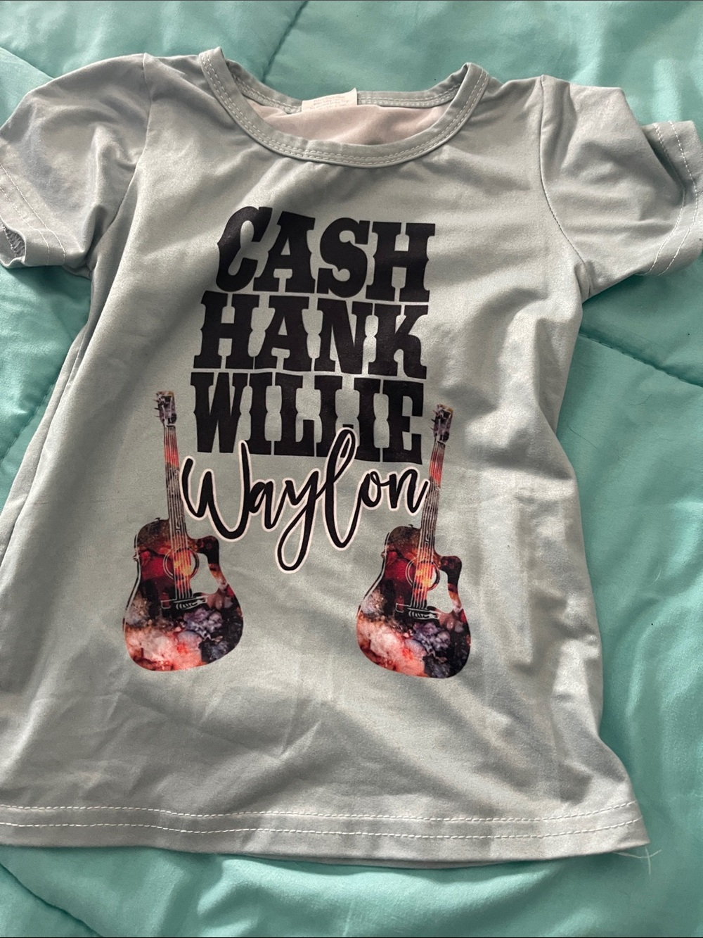Kids Light Blue Graphic Tee with Guitar Print